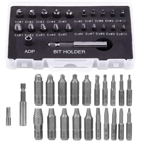 Houhence – Extracteur de vis cassées 22 pièces – Acier HSS – Embouts Dr1-Dr10 – Extracteurs Ex1-Ex10 – Adaptateur de douille 4 mm (1/5)