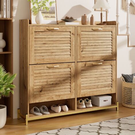 Mobile per scarpe altezza 100 cm, stile rustico, con 4 porte in listelli di legno, piedini in metallo e mensola superiore, per 20 paia, per ingresso, corridoio o vestibolo