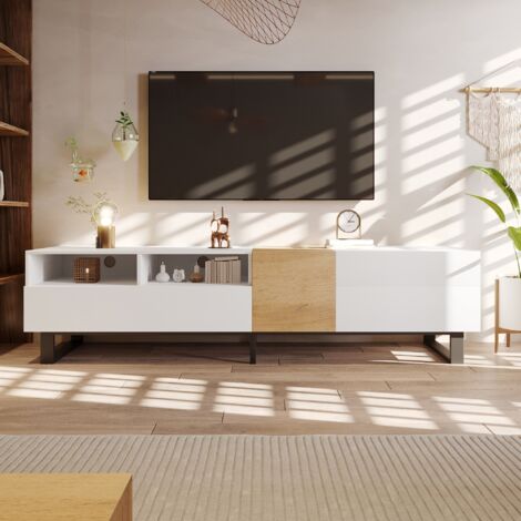 Mobile TV 180 cm, con 2 cassetti, 2 porte, 2 scomparti aperti, piedi in metallo, stile industriale vintage, colore rovere naturale, mobili per soggiorno in legno - Bianco