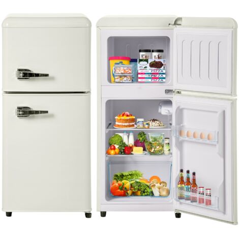 Frigorifero 60L, con 2 porte, compartimento congelatore, illuminazione LED, mensola regolabile, maniglia in metallo, stile vintage, -27-13°C - Bianco
