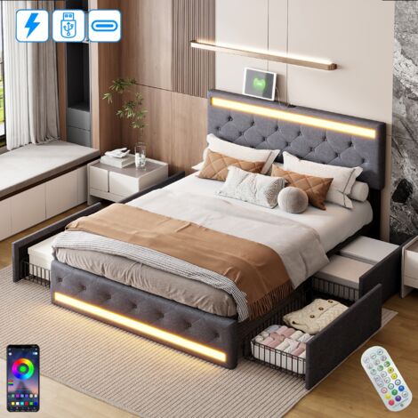 Letto matrimoniale 140x200 cm, con 4 cassetti, illuminazione LED, rete a doghe, funzione di carica USB tipo C, tessuto lino, letto per adulti stile moderno - Grigio