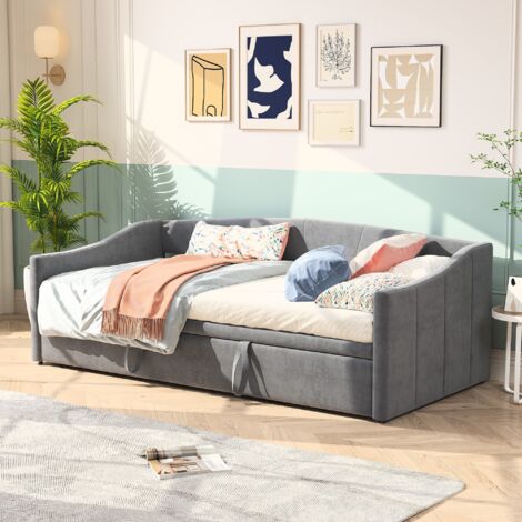 Letto a castello 90x190 cm/180x190 cm, con rete a doghe in legno, struttura in metallo, per bambini, adulti, letto estensibile in velluto - Grigio