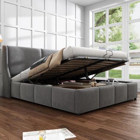 Letto imbottito in velluto con testiera a "orecchie", 140x190 cm - rete a doghe, perfetto per camere dei ragazzi - Grigio