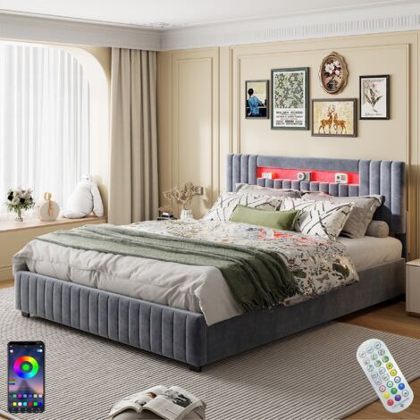 Letto contenitore 160x200 cm, con illuminazione LED, meccanismo idraulico contenitore, telecomando, APP, rete a doghe, letto matrimoniale rivestito in Velluto - Grigio
