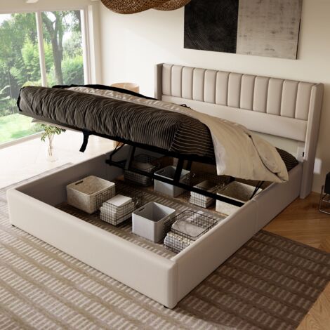 Letto con contenitore 160x200 cm, con spazio di stoccaggio idraulico, rete a doghe in legno, struttura in metallo, letto matrimoniale imbottito in lino - Beige (1/5)