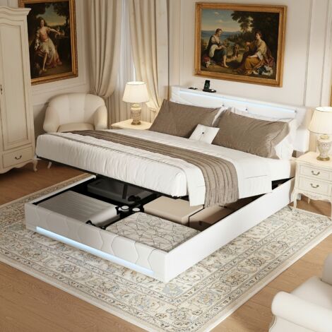 Letto contenitore 140x200 cm, letto matrimoniale con spazio di archiviazione, illuminazione LED e porta USB, rete a doghe in legno, stile scandinavo, letto matrimoniale capitonnè in lino - Beige