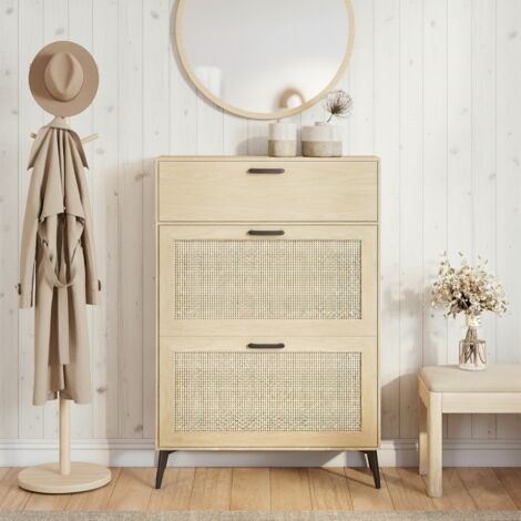 Mobile per scarpe in rattan, stile rustico, colore legno chiaro, con 2 porte e 1 cassetto di stoccaggio, per 12 paia di scarpe