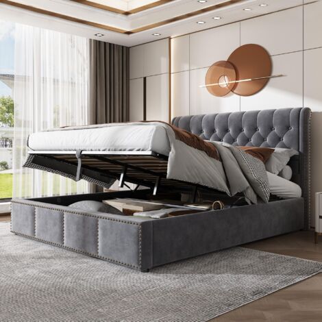 Letto con contenitore 160x200 cm, con spazio di archiviazione idraulico, rete a doghe, stile classico, letto matrimoniale capitonné, tessuto velluto
