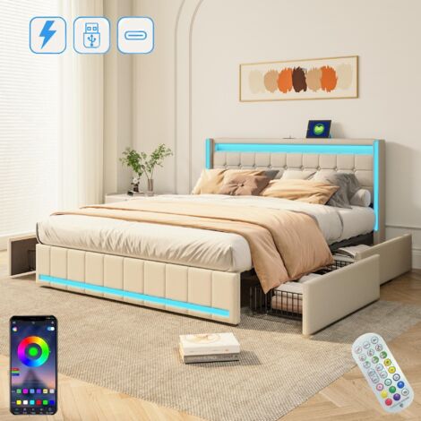 Letto Matrimoniale 140x200 Cm Con Contenitore, Testiera Con Luci LED E Porte USB, 4 Cassetti, Velluto Beige, Struttura Robusta - 4