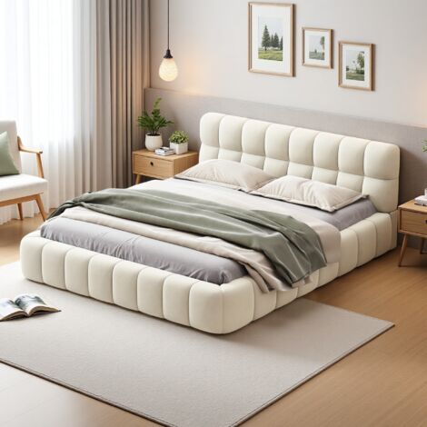 Letto matrimoniale 140x190 cm, tessuto lino, con testata imbottita, rete a doghe, letto matrimoniale capitonné, stile scandinavo - beige