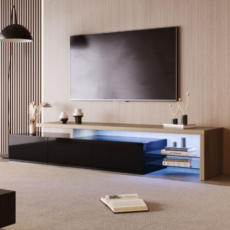 Mobile TV 200 cm, con illuminazione LED, 3 porte di archiviazione, 2 ripiani in vetro, stile moderno, mobile da soggiorno in legno - nero