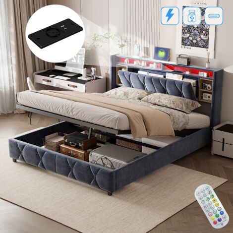 Letto Contenitore 160x200 cm, con Illuminazione LED, Rete a Doghe Idraulica, Testata con Rete di Rifornimento, Carica USB-A/C, Letto Trapuntato in Velluto - Grigio