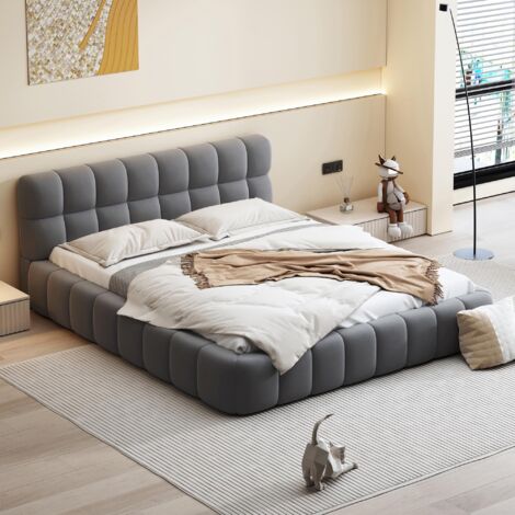 Letto matrimoniale 140x200 cm, tessuto lino, con testata imbottita, rete a doghe, letto capitonné per adulti, stile scandinavo - Grigio