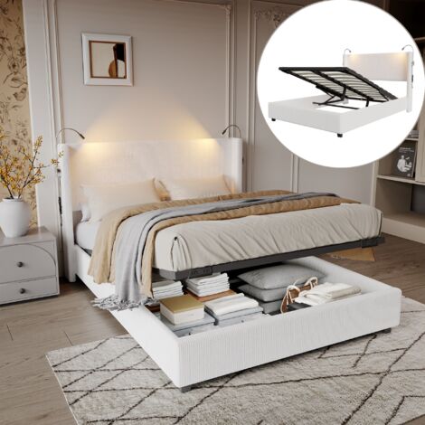 Letto 140 x 190/200 cm con 4 cassetti Naturale e Bianco + Rete a doghe