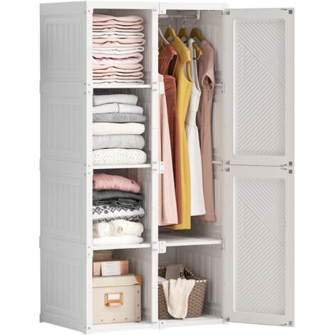 Armadio pieghevole portatile con 8 cubi, 6 porte e appendiabiti, chiusura magnetica, guardaroba, 69x50x136 cm, bianco