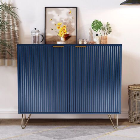 Buffet rettangolare, con 2 ante per lo stoccaggio, design a righe, piedi in metallo, ripiani, estetica scandinava, mobili per soggiorno in legno - Blu