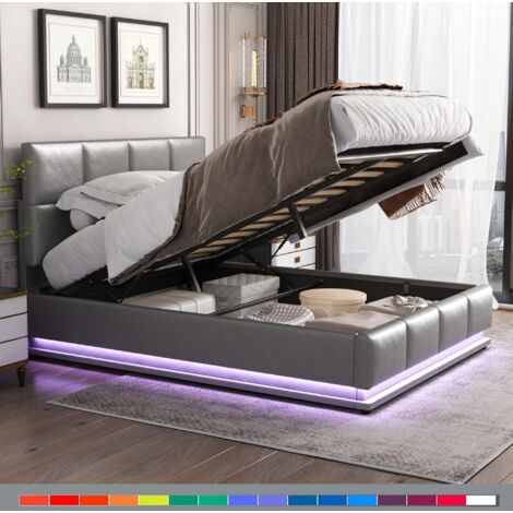 Letto contenitore con illuminazione LED, 140x200 cm - spazio di archiviazione idraulico, tessuto similpelle, testiera imbottita - Grigio (1/5)