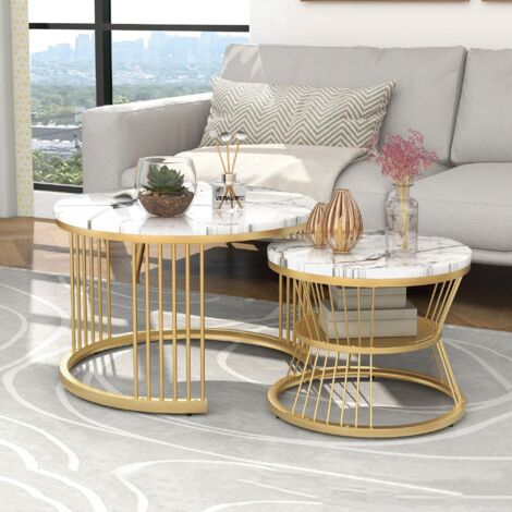 Set di 2 tavolini nido rotondi, 80 cm - piano in PVC effetto marmo e legno + gambe in metallo, design industriale - Oro