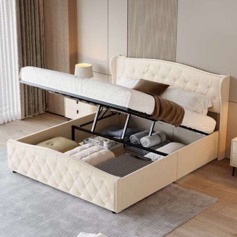Letto contenitore 140x200 cm, con spazio di stivaggio idraulico, borchie e bottoni decorativi, rete a doghe, letto matrimoniale trapuntato in velluto - Beige