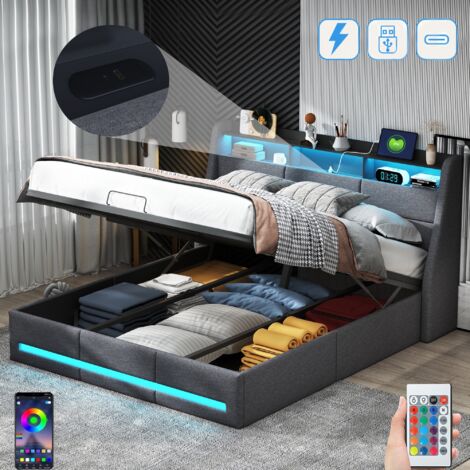 Bett mit Stauraum 140x200cm, mit LED-Beleuchtung, hydraulischem Stauraum, USB-A/C-Ladeanschluss, Lattenrost aus Holz, Metallrahmen, Schlafsofa Bett aus Leinen - Grau