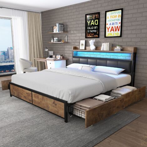 Bett 180x200cm, mit 4 Schubladen, LED-Beleuchtung, gepolsterte Kopfteil aus Kunstleder, Lattenrost, Metallrahmen, Doppelbett aus Holz - Schwarz