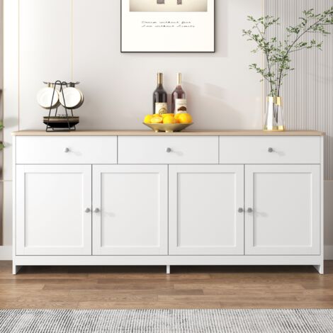 Kommode 160cm, mit 3 Schubladen, 4 Türen, 2 verstellbaren Regalböden, im Landhausstil, Aufbewahrungsschrank für Wohnzimmer oder Schlafzimmer aus Holz - Weiß