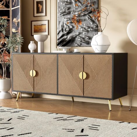 Sideboards 160 cm, rechteckig, mit 4 Stauraumtüren, reliefierten Holzlinien, goldenen Metallgriffen und -füßen, Wohnmöbel - Schwarz