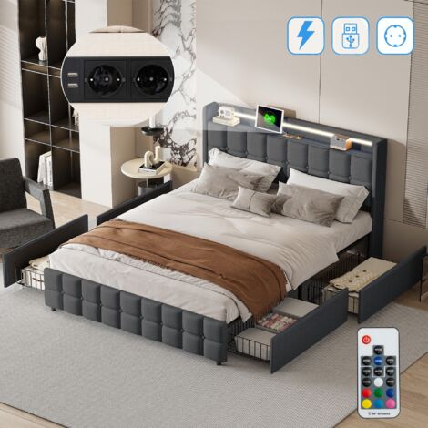 Doppelbett 160x200 cm, mit 4 Schubladen Stauraum, LED-Beleuchtung, USB-Ladefunktion, Lattenrost, gepolstertesBett aus Leinen - Grau
