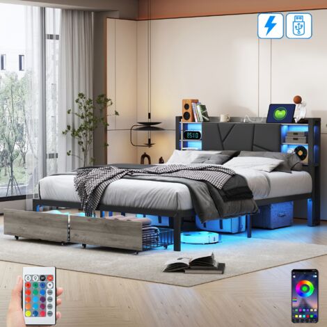 Doppelbett 140x200 cm, mit 2 Schubladen, LED, USB-Anschluss, Ablagen, Lattenrost, Metallrahmen, APP, gepolstertes Erwachsenenbett aus Kunstleder – Schwarz (1/5)