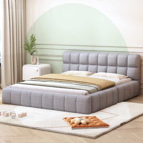 Erwachsenenbett 140x200 cm, mit gepolstertem Kopfteil in Pastellfarbe, Lattenrost aus Holz, Metallrahmen, Doppelbett aus Baumwolle und Leinen - Grau