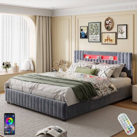 Bett mit Stauraum 140x200 cm, mit LED-Beleuchtung, hydraulischem Stauraum, Regalen, Lattenrost aus Holz, Metallrahmen, Polsterbett aus Samt - Grau