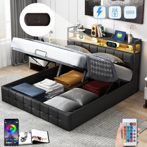 Bett mit Stauraum 140x200cm, mit LED-Beleuchtung, hydraulischem Stauraum, USB-A/C Ladeanschluss, Lattenrost aus Holz, gepolstertes Bett aus Kunstleder - Schwarz