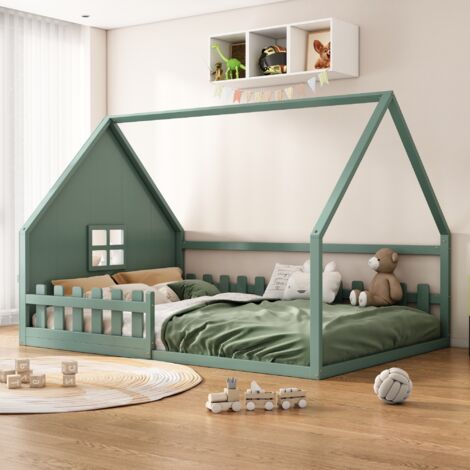 Hochbett 140x200 cm, 2 Plätze, mit Fenster, Lattenrost aus Massivholz, Sicherheitsbarriere, Hausform, Prinzessinnen-Kinderbett – Grün (1/5)