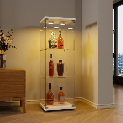 Vitrine  aus gehärtetem Glas mit LED-Beleuchtung, Tür, 3 Regalen, Holzrahmen, Schlössern, Schlüsseln, Vitrine für Büro, Wohnzimmer, Küche - weiß
