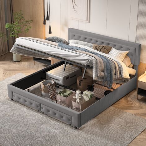 Bett mit Stauraum 180x200 cm, mit gepolsterter Dekoration, 2 Stauraumschubladen, klassisch, Lattenrost aus Holz, Metallrahmen, gepolstertes Bett aus Samt - Grau