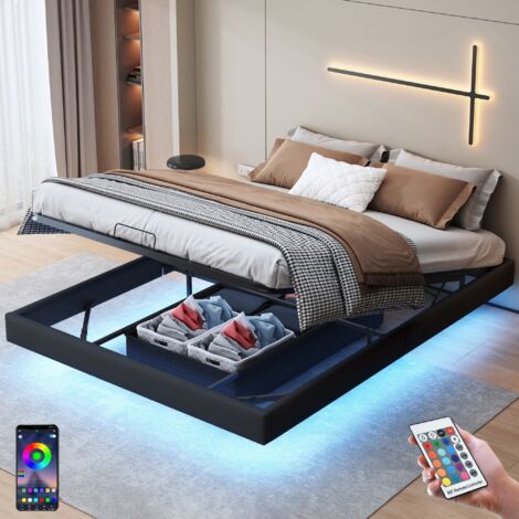 Bett mit Stauraum 160x200 cm, 2 Plätze, ohne Kopfteil, mit LED, Stauraum, lattenrost aus holz, Metallrahmen, Polsterbett aus Kunstleder - Schwarz