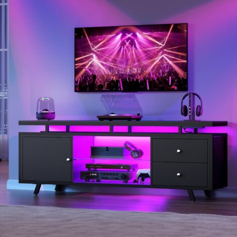 Meuble TV pour téléviseur 65 Pouces, Meuble Bas avec Éclairage LED, Équipé de Prises, Tiroirs Et Placards, Étagères en Verre pour Le Salon Et La Chambre, Noir (1/5)