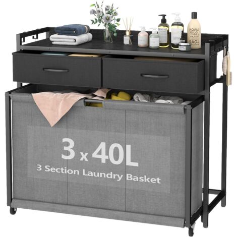 Grand Panier À Linge Sur Roulettes Avec 3 Compartiments – 3 x 40L Sacs De Tri Pour Linge, Panier À Linge Avec Deux Tiroirs, Idéal Pour Buanderie, Chambre Et Salle De Bain, Gris