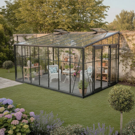 Serre Adossée Aluminium Anthracite 13,71m2 Verre Trempé 4mm - Green Protect Luxe