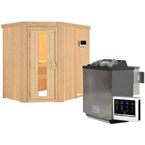 Sauna d'angle 4-5 places Karibu Carin 68mm Poêle 9kW Sans couronne (1/5)
