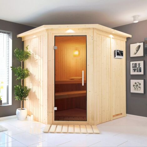 Sauna d'angle 4-5 places Karibu Siirin 68mm avec poêle 9kW et LED
