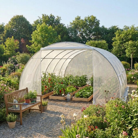 Serre Tunnel 4x8m PE Armé 130g Green Protect Blanc 10 Lucarnes
