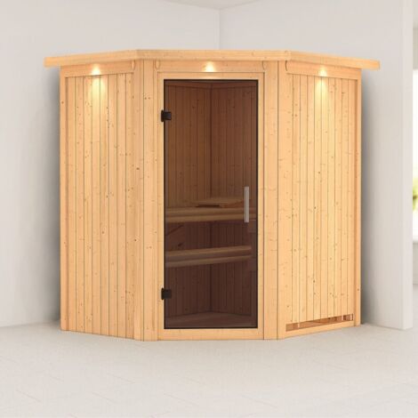 Sauna d'Angle Traditionnel Karibu Tonja 3-4 Places 68mm avec Couronne Lumineuse et Porte en Verre