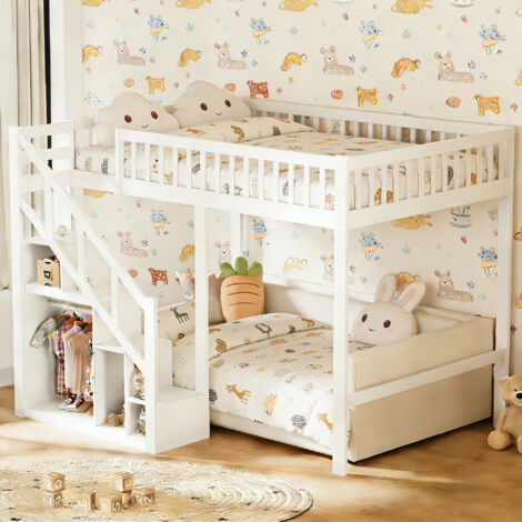 Lit mezzanine enfant pin 90x200 cm, Lit superposé enfant avec échelle de rangement armoire étagères et sommiers à lattes, avec protection antichute, bois massif, blanc