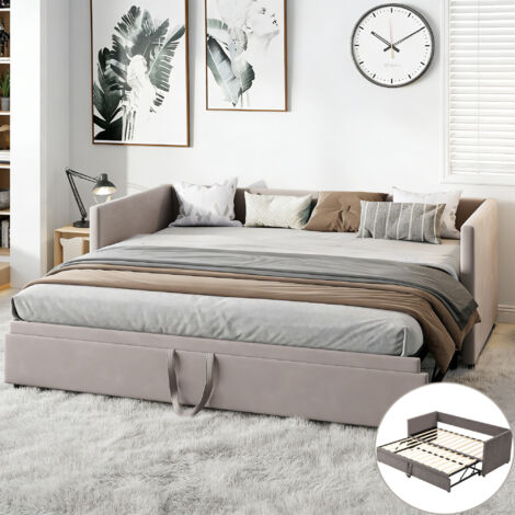 Lit gigogne 90/180x200 cm, canapé-lit extensible avec sommiers à lattes en bois, lits convertible 2 places, lit de repos, avec deuxième lit et cadre de lit rabattable, velours, gris