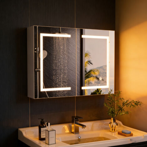 Armoire Miroir de Salle de Bain avec Éclairage LED, Armoire led 2p de toilette lumineuse, Interrupteur tactile,  Armoire Miroir avec Étagère réglable, Dimmable,  80x13,5x60 cm, Blanc