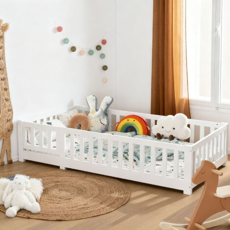 Lit enfant 90x200 cm, Lit au sol bébé avec barrière de sécurité, Lit simple avec Sommier à Lattes, Lit Montessori avec Protection Anti-Chute, Bois de pin massif, Blanc