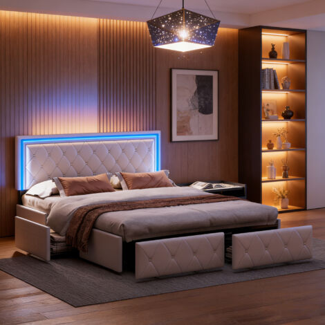 Lit double 160x200 cm avec prise de lumière LED 4 tiroirs en PU doux pour la peau Lit rembourré pour adulte d'enfant ,Blanc cuir (1/5)