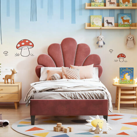 Lit simple enfant 90x200 cm avec sommier à lattes en bois, lit fille avec tête de lit pétale réglable en hauteur, en tissu velours doux pour la peau, élégant Rosa