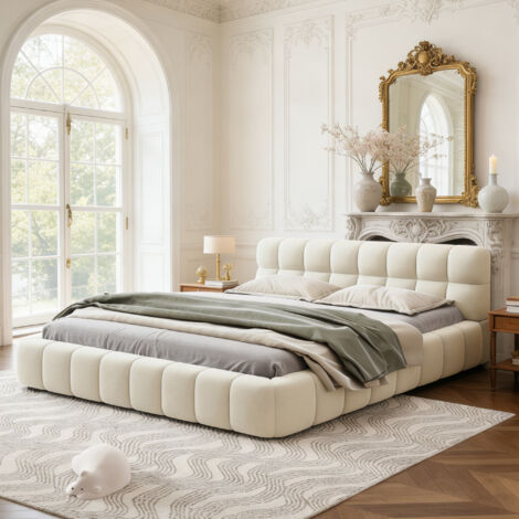 Lit Double Rembourré 140x190 cm, Lit Bubble avec Sommier à Lattes, Lits 2 Personnes Capitonne avec Tête de Lits et Dossier Souple, Cadre de Lit pour Adulte et Adolescents, Lin